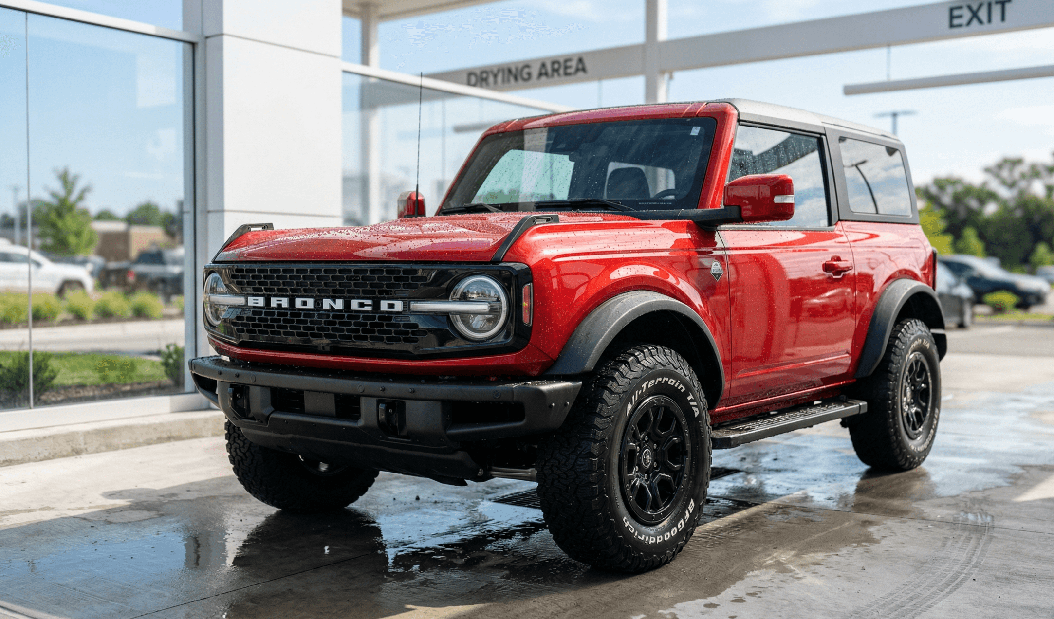 A pristine red Ford Bronco freshly washed at Clearlake Carwash